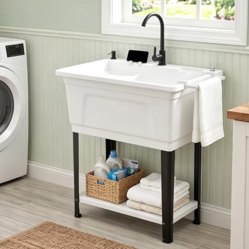Image of Vingli Freestanding Utility Sink with Faucet, 36 inch Heightened Basin for Laundry, Garage, Outdoor Garden, Pet Wash, Heavy Duty Plastic Laundry Tub with Storage Shelf (White, 32 inchLx24 inchWx36 inchH)