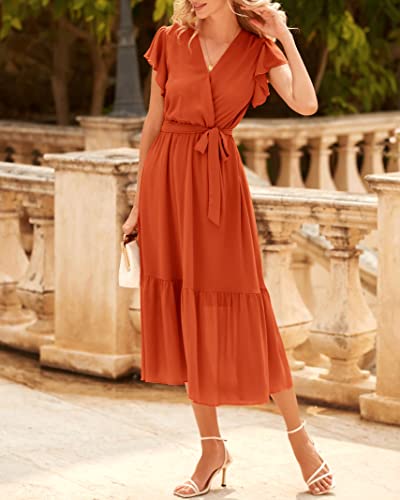 Image of BTFBM Women Summer Bohemian Floral Casual Wrap V Neck Ruffle Cap Sleeveless Belt A-Line Pleated Hem Midi Sun Dress White