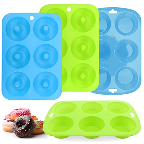 Lot de 4 moules à beignets en silicone à 6 cavités et 6 moules à muffins en silicone, moules à beignets antiadhésifs pour la cuisson de biscuits, gâteaux, cupcakes, biscuits, bagels (Vert et Bleu) Cover