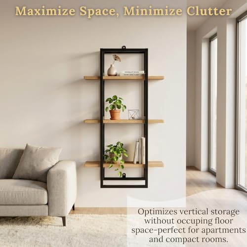 Image of Mighty Home Floating Wall Shelf with Black Metal Frame - Wooden Wall-Mounted Shelves for Books, Plants & Decor | DIY Organizer for Home & Office (Beige, 3-Tier)