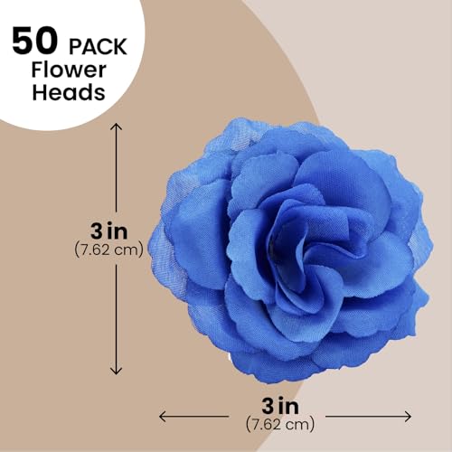 Image of Bright Creations Blue Roses Artificial Flowers - Set of 50 3 in Stemless Silk Roses - Royal Blue Reusable Water-Resistant Faux Bouquet Decor for Wedding & Home