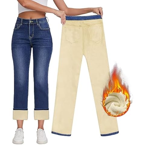 KDF Womens Fleece Lined Jeans Women Winter Warm Jeans Stretch Thick Fleece Lined Pants Jeans Dark Blue Size 8 Cover