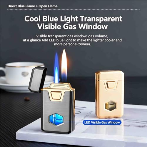 Encendedor de butano recargable con doble llama antiviento y visor de combustible 5