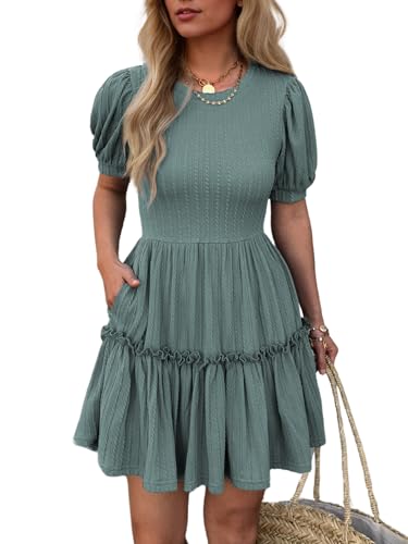 Image of Mieazom Women's Puff Sleeve Ruffle Dress, Brown Cotton Blend Mini Dress with Pockets, Elastic Waist & Flowy Fit