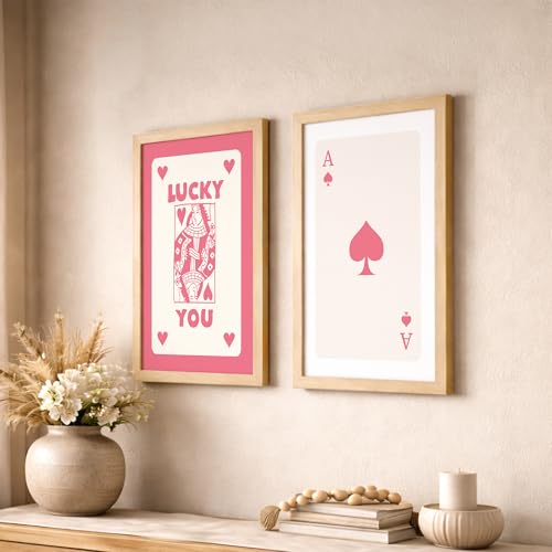 Image of NoWorries Playing Cards Wall Art Framed Painting | Lucky You Typography & Ace of Spades Card Art Prints | Minimal Pink Aesthetic Posters Frames | Premium 300 GSM Paper Print with Synthetic Wooden Frame | Modern Wall Decor for Living Room, Bedroom and Office (Set of 2) (NATURAL, ART-7, 13X19INCHES)