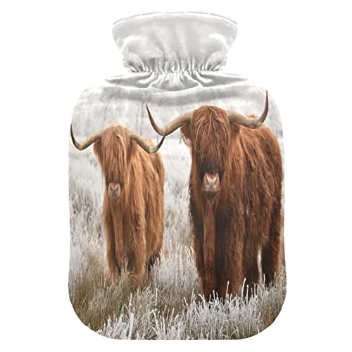 Schottische Hochland-Rinder-Wärmflasche mit Bezug, 1 l Winter Warme Transparente Wärmflasche Tragbare Wärmflaschen für Menstruationskrämpfe, Nacken- und Schulterschmerzen Linderung
