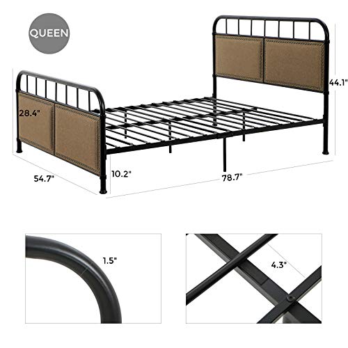 Image of VASAGLE Queen Size Metal Bed Frame with Headboard, Footboard, No Box Spring Needed Platform bed, Under-Bed Storage, Vintage Industrial Style, Brown and Black URMB024BE