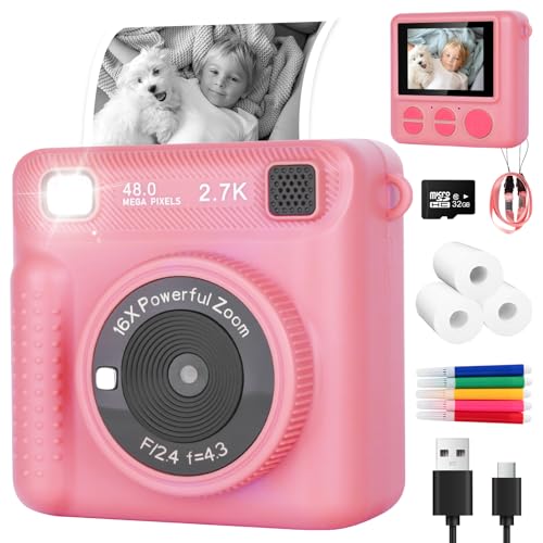 DINGBIU Kids Camera – Kids Instant Print Camera with 5 Colour Pens 32GB SD Card, 1080P HD Kids Digital Camera with Photo Paper Birthday Gifts for 3 4 5 6 7 8 9 10+ Year Old Girls Boys (Pink)