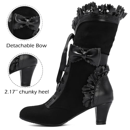LanreyTaley Women Sweet Bow Boots Mid Heels Lace Up Victorian boots Mid Calf Kawaii Boot3