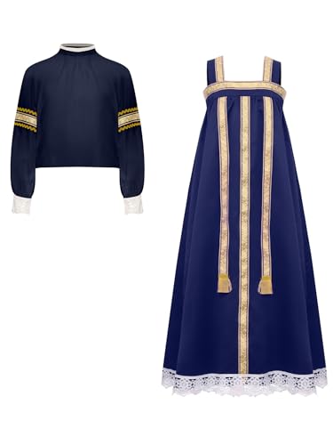 Child Girls Russian Ethnic Performance Dress Embroidered Blouse with Overalls and Headpiece Navy Blue 10 Years3