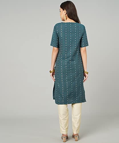 Image of Cotton Dobby Woven Design V- Neck Elbow Sleeves Knee Length Kurta for Women's