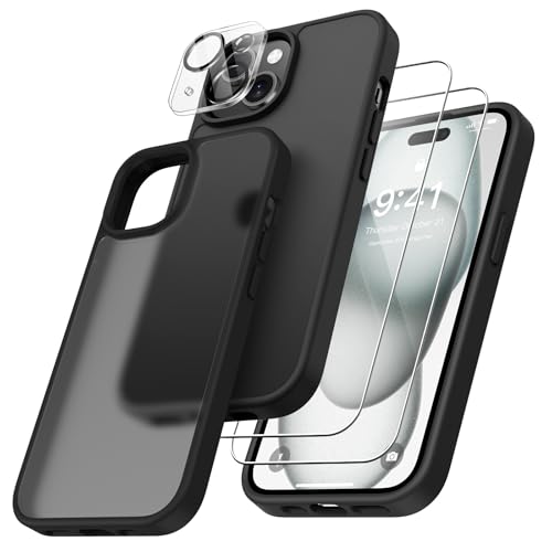 FLLAO 4 en 1 Funda para iPhone 15 con 2 Protector Pantalla y 1 Protector Lente Cámara, [Almohadilla de Aire integrada] Antigolpes Antiarañazos Carcasa 6,1 Pulgadas, Negro Vintage