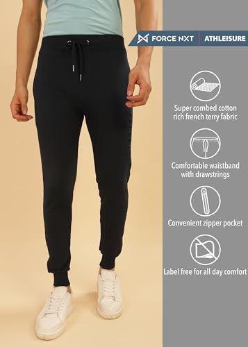 Image of Force NXT Men's Super Combed Cotton Rich French Terry Fabric Solid Joggers | Active Joggers for Men | Comfortable Waistband with Zipper Pocket for Daily Workout