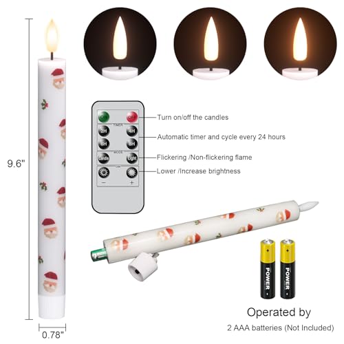 Image of Christmas Flameless Taper Candles with Remote Timer, 4 Pack LED Flickering Candlestick, 9.65 Inch Battery Operated Real Wax Candles with Santa Claus Prints for Christmas Decorations