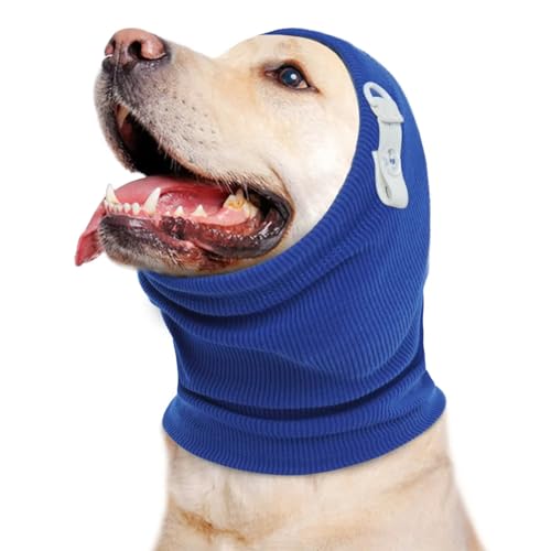 IECOii 犬 スヌード ソフトな伸縮素材 調節可能 滑り止め 犬 耳カバー 犬の耳保護 雷 花火 入浴 ドライヤー 不安緩和 騒音対策 スカーフ 犬 バンダナ 犬用の静かな耳 冬の頭の保温 中型犬 ブルー M
