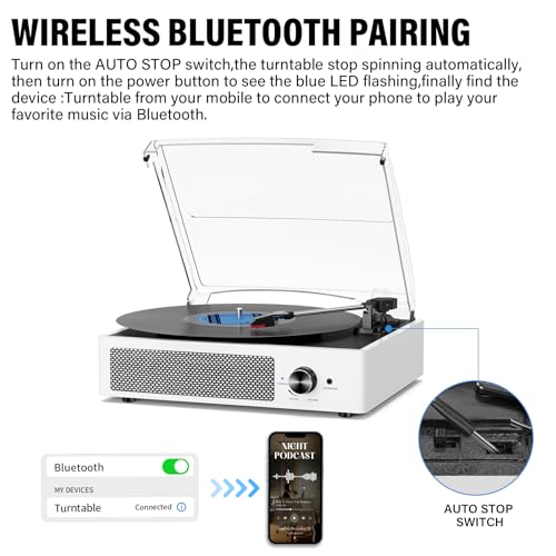Image of Record Player with Speakers Vintage Belt-Driven Turntable Bluetooth 3 Speed 3 Size Wireless Playback AUX-in RCA Out Headphone LP Vinyl Players Auto Stop Fashion White
