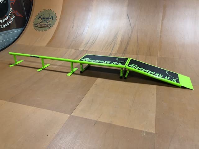 Ramptech 5-0 Fly Rail Combo (2 - Skate Tables, 1- Round Rail) Weatherproof, Heavy-Duty Indoor and Outdoor Skateboard Ramp - Portable, Modular, Expandable, Connectable Skateboard ramp Lime Green