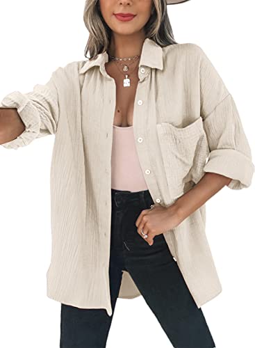 Dokotoo Women's Oversized Long Sleeve Button Down V Neck Tunic Blouse With Pockets - Apricot, M #TOP28