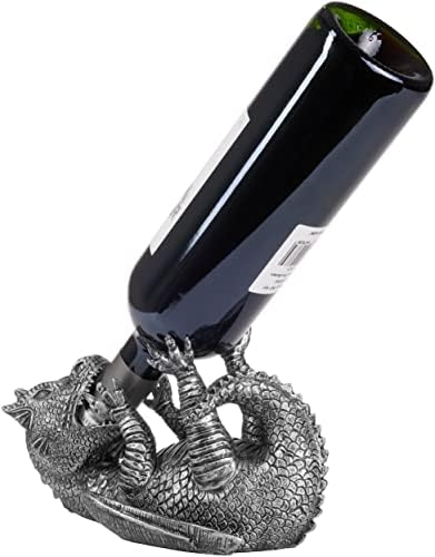 BRUBAKER Wine Bottle Holder Thirsty Dragon Silver - Fantasy Bottle Holder Dragon Model - Bottle Stand Deco Figurine Hand Painted Wine Accessories - Funny Decoration made of Resin - Wine Gift