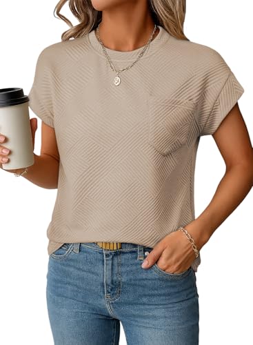 EVALESS Womens Summer Tops Crewneck Cap Sleeve Dressy Casual Business Textured Solid Loose Basic T Shirts Tee Blouses