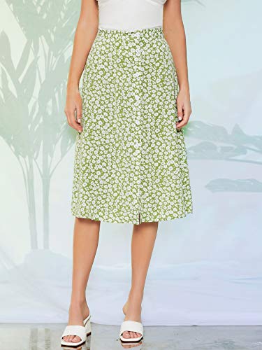 Makemechic Women's Plaid Print Button Front High Waist A Line Skirts Green M #TOP17