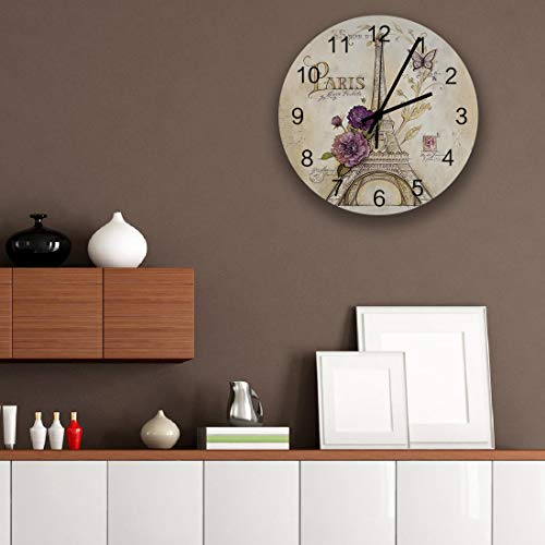 Analog Clock Small Digital Wall Wood Modern Alarm Clock Silent Non Ticking Battery Operate,Beige Architecture Paris Eiffel Tower Smart Gear Round 12 Inch Wall Clock Vintage Retro Romantic Bow Floral #TOP1