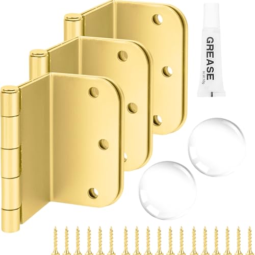 3-Pack Offset Door Hinges Brushed Brass Door Hinges 3.5 Inch 5/8 Radius Corner for Handicap Swing Clear for Exterior & Interior with Wall Handle Stopper & Grease Bright Gold Interior Hardware