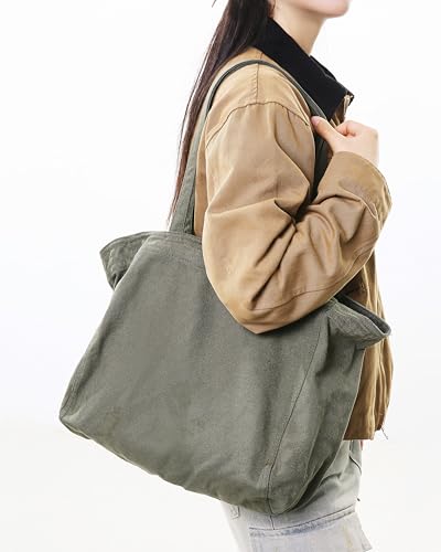 Image of Cotton Tote Handbag Women Canvas Crossbody Beach Bag Hobo Shoulder Tote Bag with 3 External Pocket,Zipper Closure