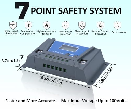 VIXKPIRR 20A Solar Laderegler 12V 24V Solarregler, PWM 20A Solarladeregler mit Temperatursensor LCD Anzeige und 4 USB Ports,Geeignet Multi 12V 24V Blei Batterien und Lithium Batterien