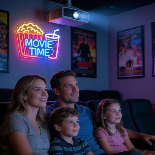 Image of Movie Time Neon Sign with Popcorn & Drink - Dimmable snacks LED Light for Home Theater & Movie Night Room Decor | Gift for Film Lovers (15x12 inch)