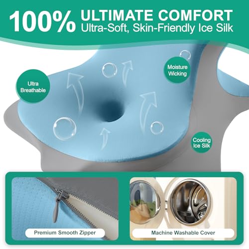 Image of MOONYOOY Ergonomic Reading Pillow for Bed, Premium Memory Foam Wedge Pillow for Prone, Leaning & Back Support, Cooling Ice Silk Cover for Couch & Headboard Relaxation, Sky Blue