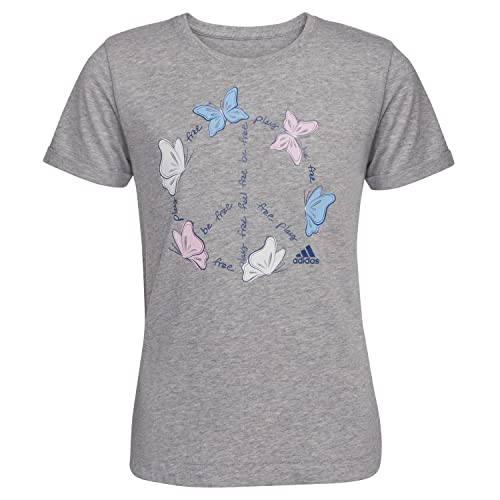 Image of adidas Girls Short Rolled Sleeve Heather Tee T Shirt, Medium Grey Heather, 6 Plus