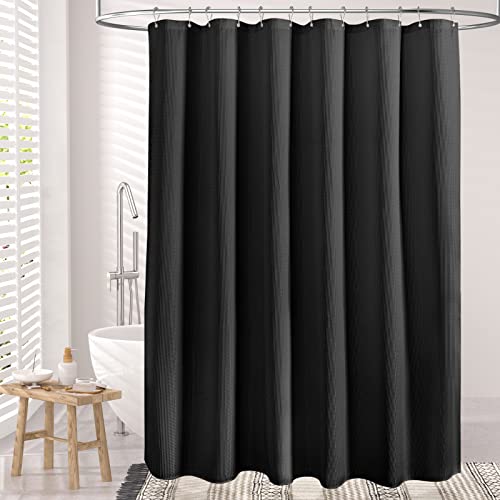 Image of AmazerBath Waffle Shower Curtain, Heavy Duty Fabric Shower Curtains with Waffle Weave Hotel Quality Bathroom Shower Curtains, 72 x 78 Inches (Black)