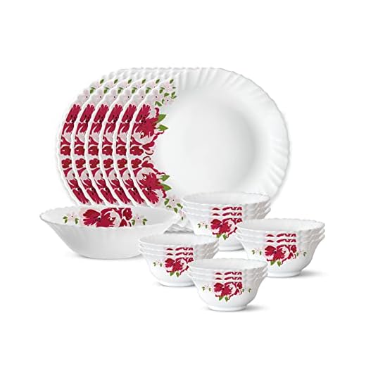 Larah by Borosil Rose Red Silk Series Opalware Dinner Set, 19 Pieces, White