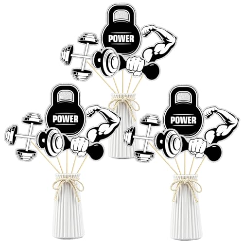 Image of Gym Workout Theme Centerpiece Sticks,Biceps Dumbbells Kettlebells Abodominal Wheels Bodybuilding Table Toppers,Baby Shower Party Supplies Black.Set of 15