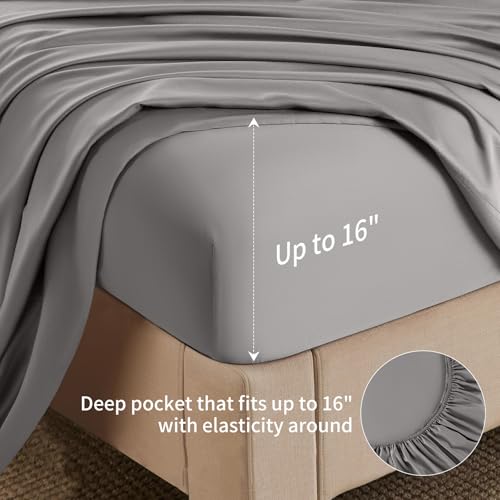 Image of Shilucheng 6 Piece Full Sheet Sets, Cooling Sheets, Blend Rayon Derived from Bamboo, Deep Pocket Up to 16 inch, Breathable & Soft Bed Sheets, Hotel Silky Bedding Set, Grey
