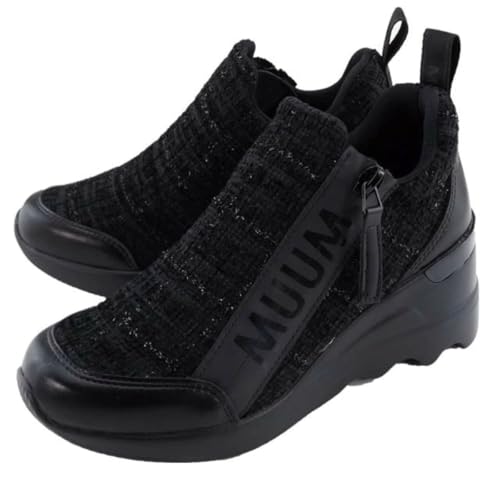 レディース スニーカー 厚底 靴 軽量 疲れにくい ミドルカット MUUM ムーム スエード ファスナー (ブラック, 日本の靴のサイズ寸法, 大人, 数値, 2_e, 23.5 cm)