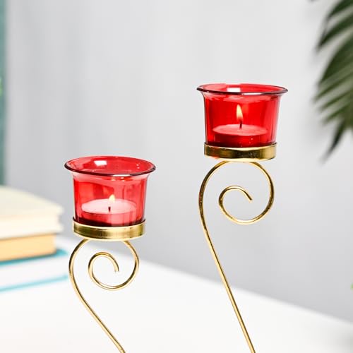 Image of Market99 Glossy Leaf T-Lite Holder Set of 2 | Decorative Metal Tealight Holders with Red Abstract Design | Elegant Candle Stand for Living Room, Balcony, Bedroom, Office & Festive Season Decoration