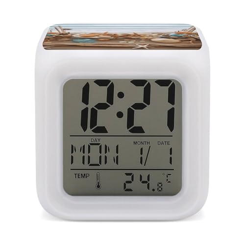 YJWANDO LED Alarm Clock, Ocean Beach Theme Print Multicolor Alarm