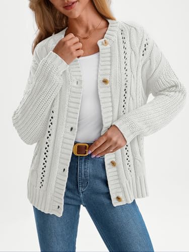 Image of LILLUSORY Women Cable Knit Cardigan Sweaters Cotton Button Up Chunky Outfit | Crochet, Open Front, Cozy Knit, Oversized, Trendy Fall Outfits, Winter Clothes, 2026 Outerwear