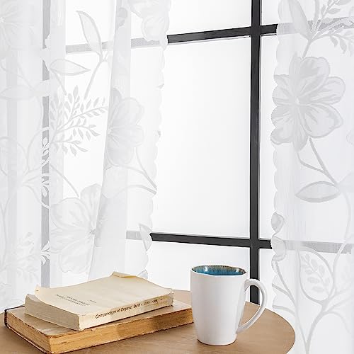 Semi-Sheer White Lace Curtains for Bedroom 90 inch Long Country Chic Rose Floral Embroidered Sheer Curtain Panels for Living-Room Leaf Window Drapes with Scalloped Edge 52"w 1 Pair Pencil Pleat - Image 3