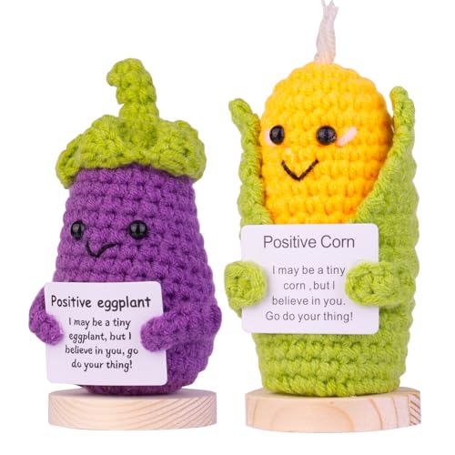 CoFuBcad 2 piezas hechas a mano de apoyo emocional de maíz berenjena regalos, lindas muñecas de maíz de punto, decoración de coche con base de madera, decoración de tarjeta frontal para regalo de