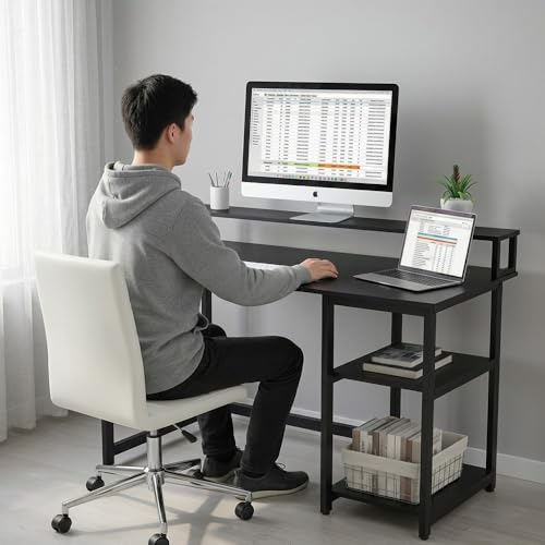 Image of Study Table with Monitor Stand| Small Home Office Desk with Ergonomic Monitor Stand| Reversible Computer Desk| Modern Study Desk| Laptop Desk| Black| 120x60x75 CM