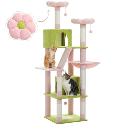 PAWZ Road 70 Inch Cat Tower, Pink Cat Tree with 2 Cozy Condos, 2 Plush Perch, Large Basket, 2 Scraching Pad & 6 Scraching Posts for Indoor Cats Large Adult