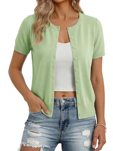 Image of GRACE KARIN Women Short Sleeve Cardigan, 2026 Summer Knitted Sweater Tops, Basic Crew Neck Crop Outfits