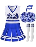 Spooktacular Creations Cheerleader Costume for Girls, Kids Halloween Cheerleader Outfit, Child Cheerleading Uniform for Halloween Dress Up Parties, Blue, M