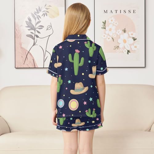 Satin Pajama Sets Short Sleeve Cactus Cowboy Hats Stars Button Down Silky Nightwear 2 Piece PJS 5-14Y4
