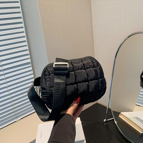 Women Puffy Crossbody Bag Zipper Closure Puffy Shoulder Bag Solid Color Plaid Quilted Sling Bag Female Commute Bag (Black)4