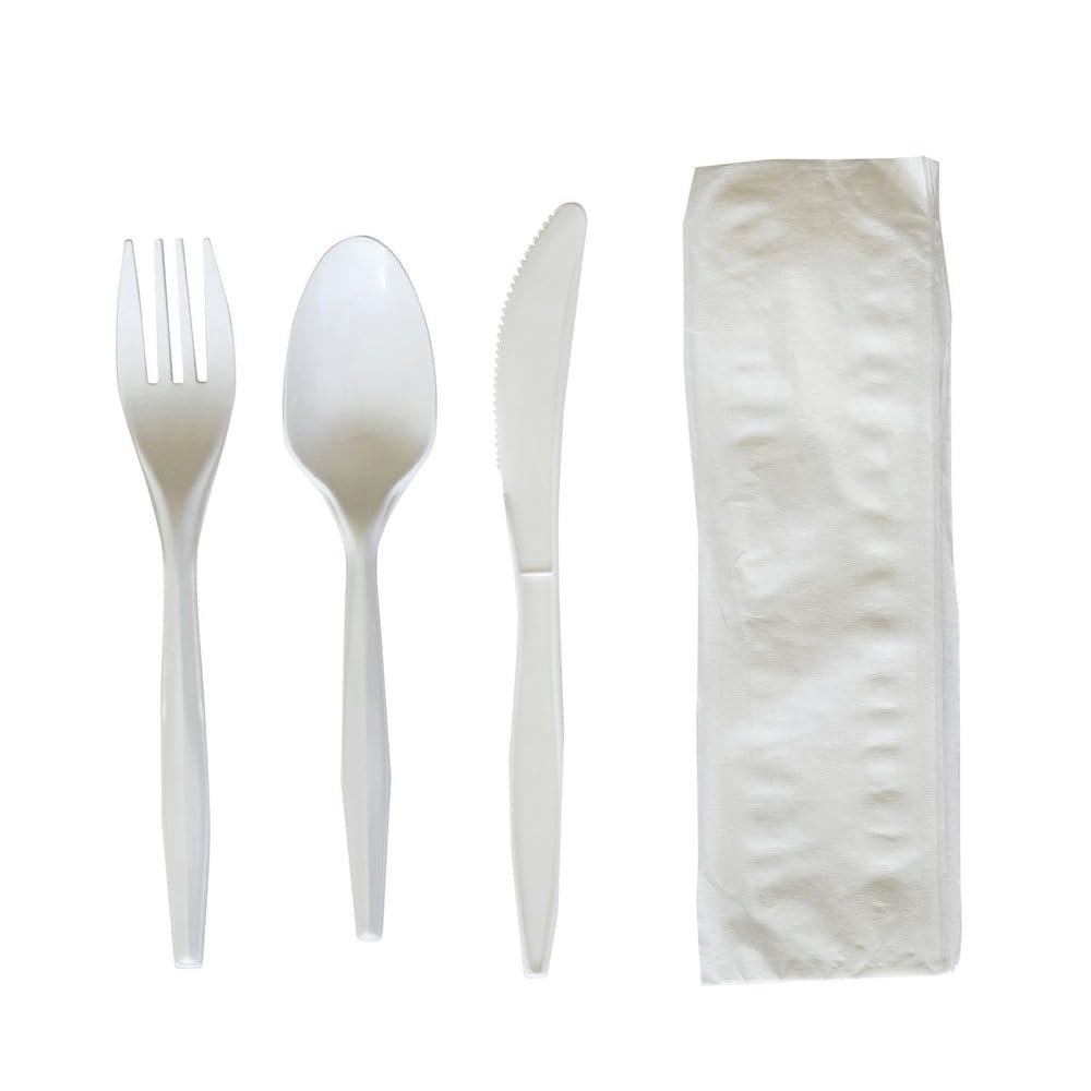 Boardwalk BWK4COMBOKITPP 4-Piece Mediumweight Polypropylene Plastic Fork/Knife/Napkin/Spoon Cutlery Kit - White (250/Carton)