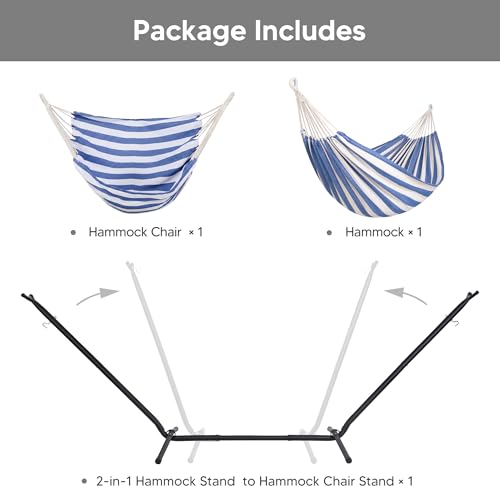 Image of SUNCREAT 2-in-1 Convertible Backyard Fabric Hammock with Stand, Blue White